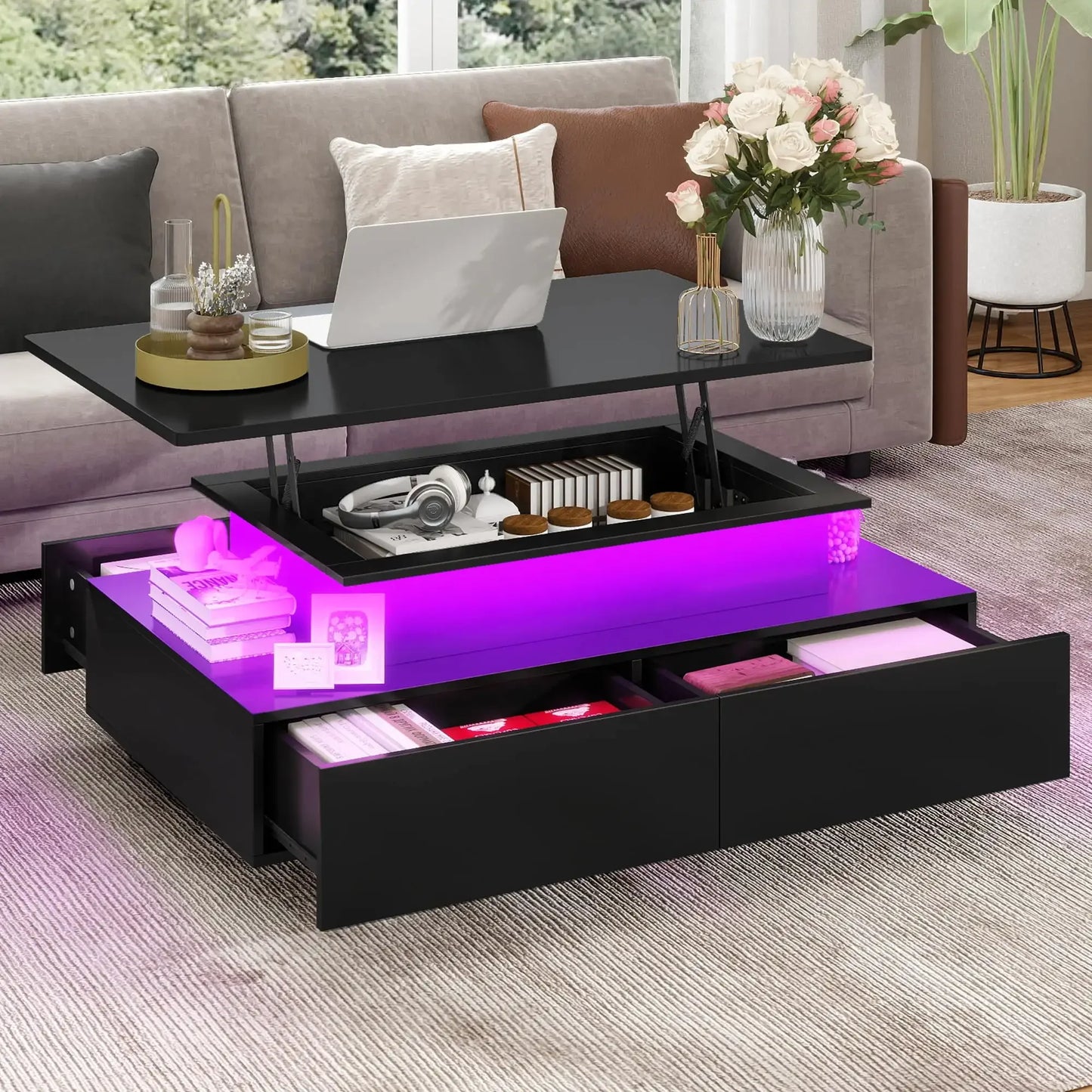 LED Lift Top Coffee Table with Storage Drawers Modern Design