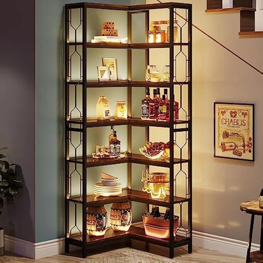 Corner Shelf, 7-Tier Industrial Corner Bookshelf, Freestanding Display Shelf for Living Room, Kitchen, Home Office, Dark Brown