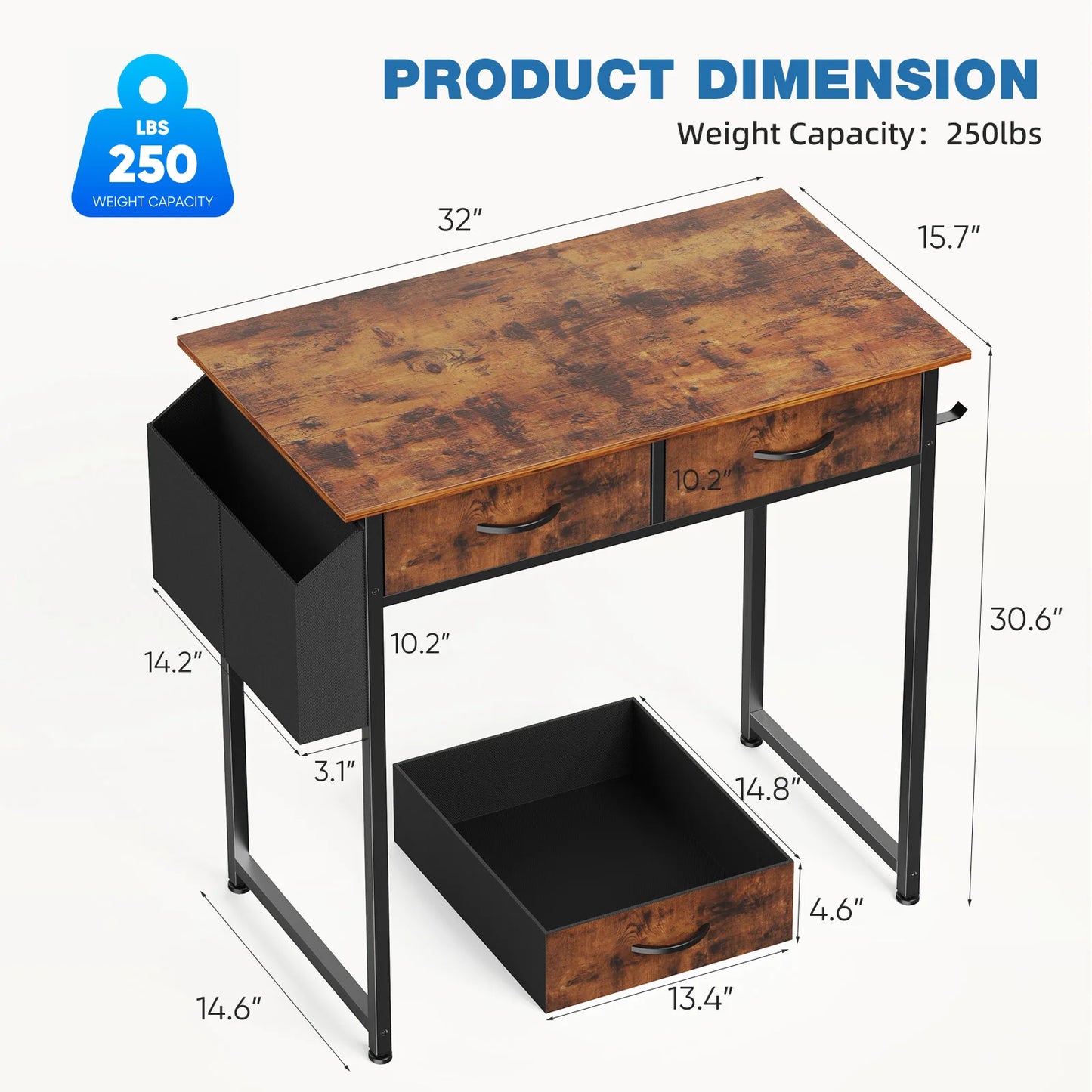 32 Inch Modern Office Desk With Fabric Storage Drawers