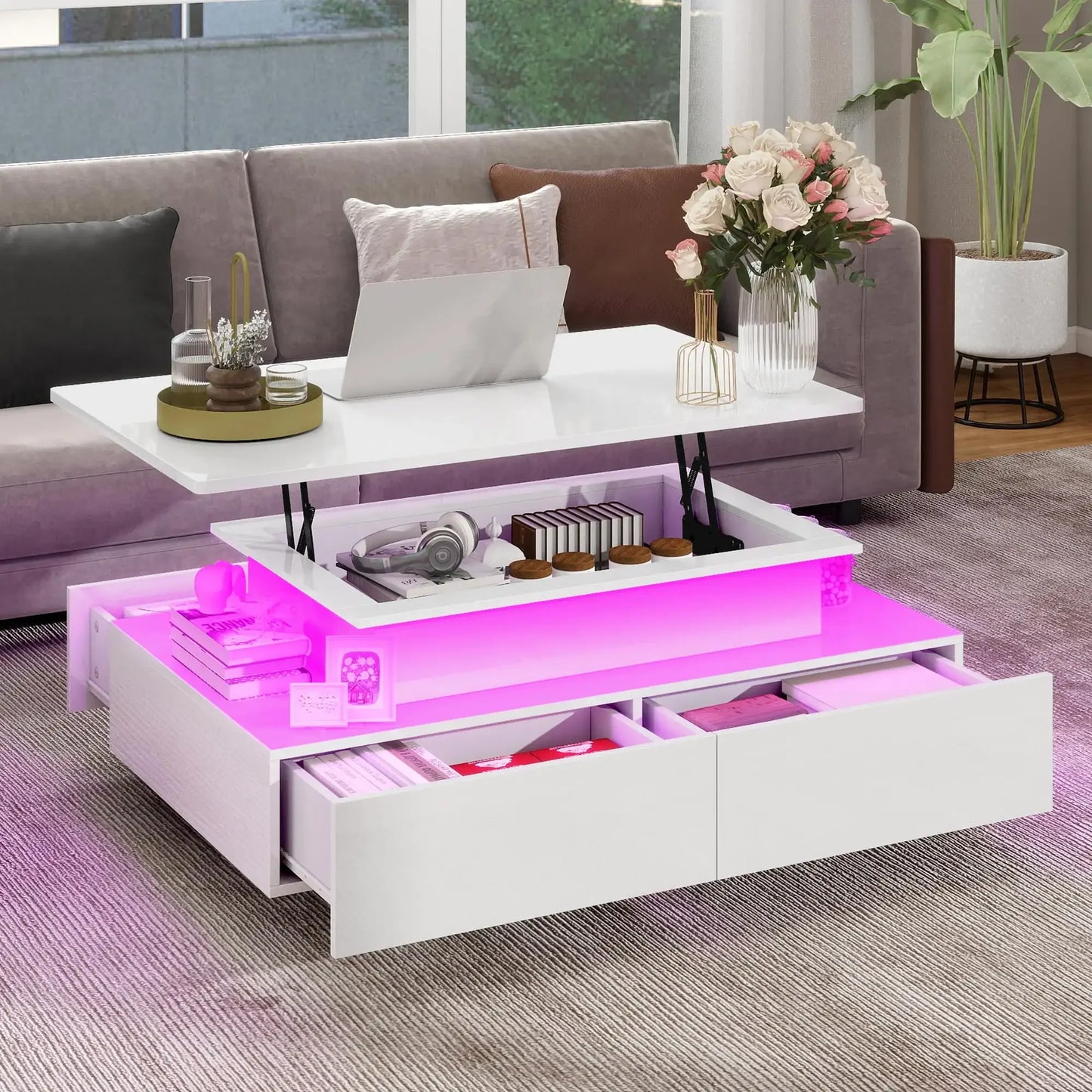 LED Lift Top Coffee Table with Storage Drawers Modern Design