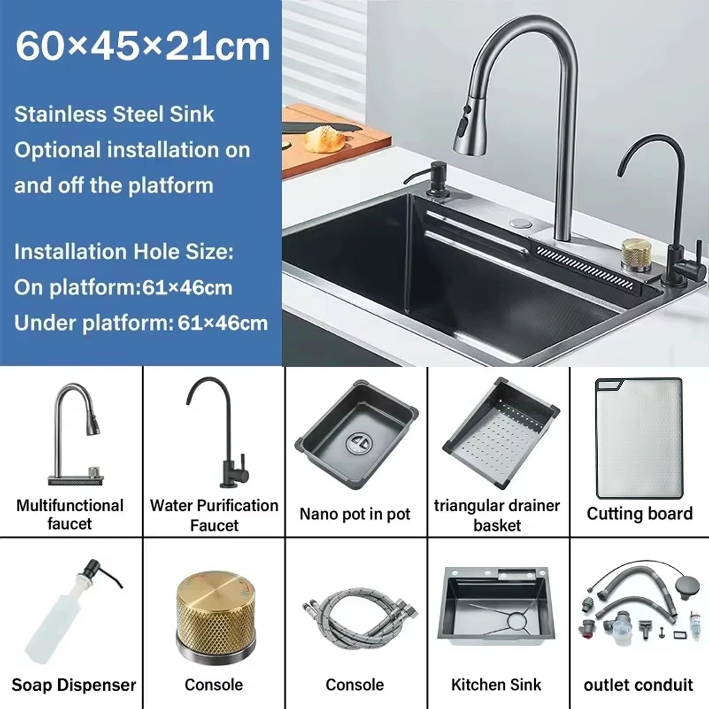 Stainless Steel Kitchen Faucet Set With Rainfall Spout Brushed Finish