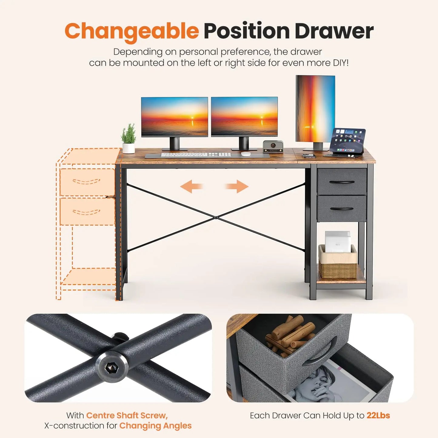 JHK 47In Computer Desk With 2 Adjustable Drawers For Office