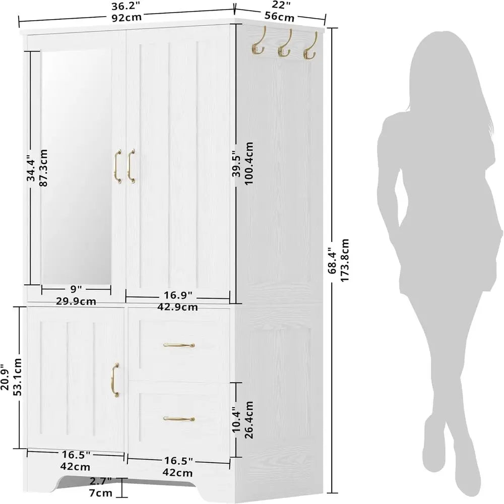 LIKIMIO Wardrobe Closet With Mirror Doors Drawers Shelves Ample Storage