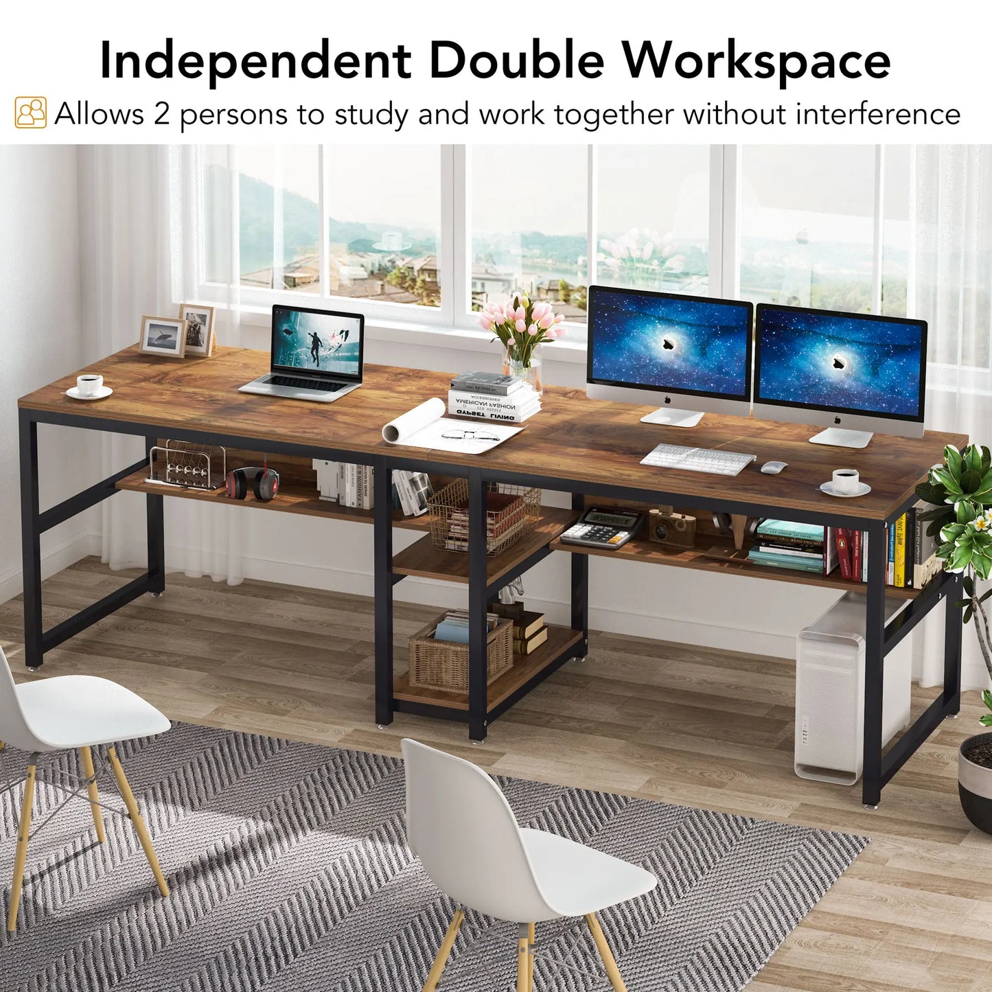 Two Person Desk With Bookshelf For Shared Computer Workspace