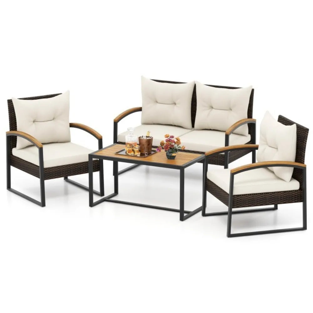 Outdoor Rattan Sofa Set With Tabletop And Cushions