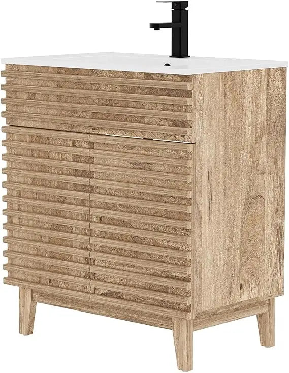 30 Bathroom Vanity with Sink Combo, Mid-Century Storage Cabinet with Wood Stripes, Ceramic Sink and Water Saving Faucet