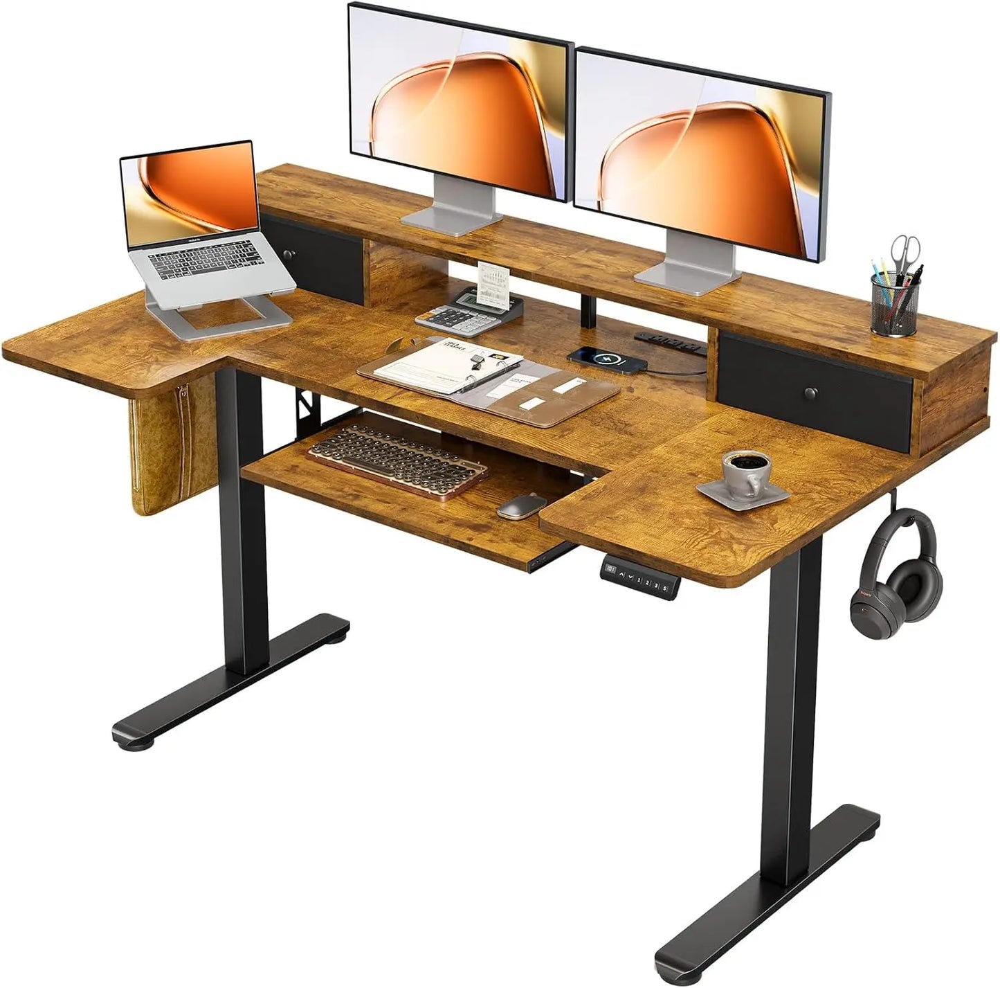 U Shaped Electric Standing Desk with Drawers, 55 Inch Height Adjustable Desk with Keyboard Tray ＆ Ergonomic Monitor Stand