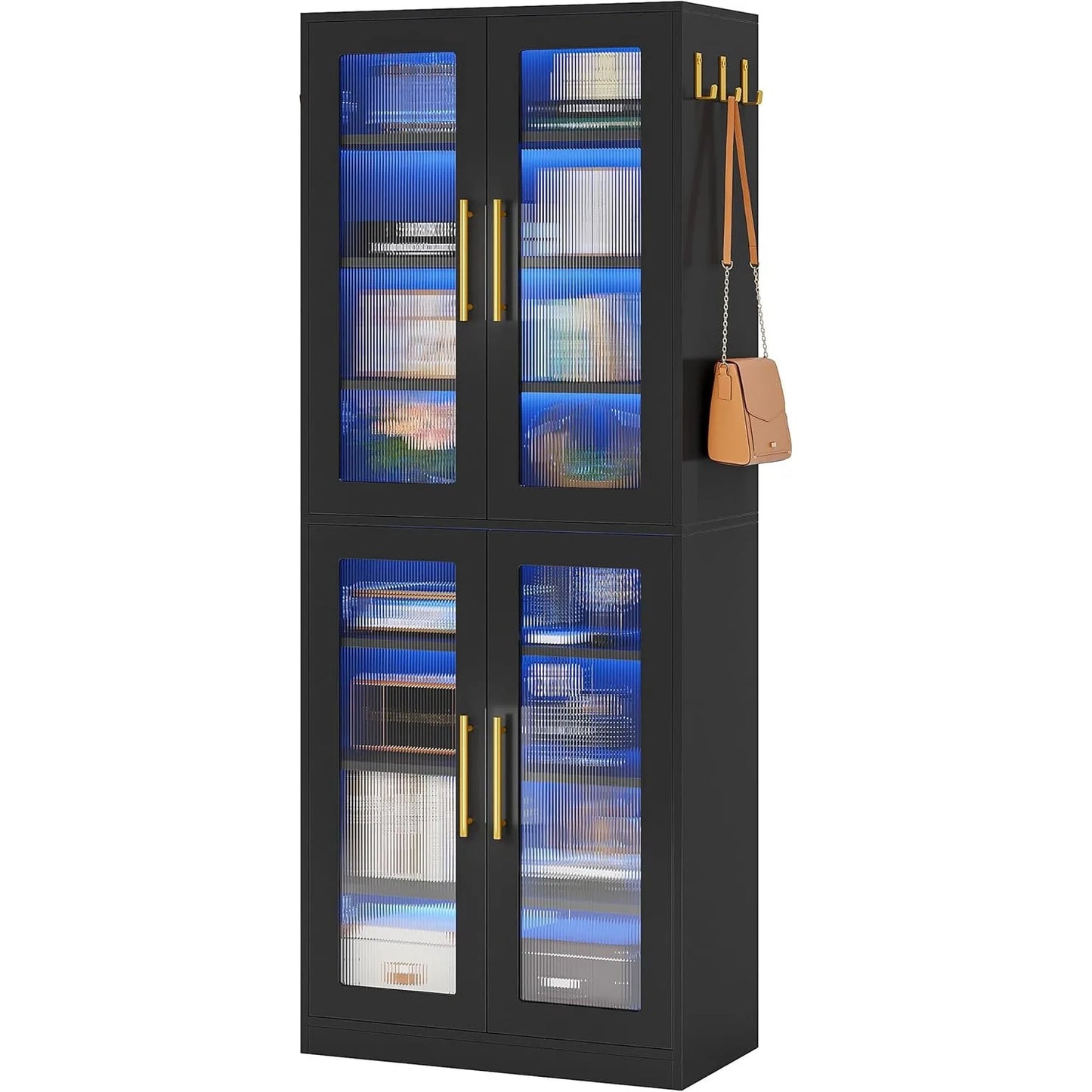 Bookcase with Doors and LED Light, 67-inch Tall Bookshelf with 8-Tier Shelves for Living Room, Bathroom, Office, Kitchen