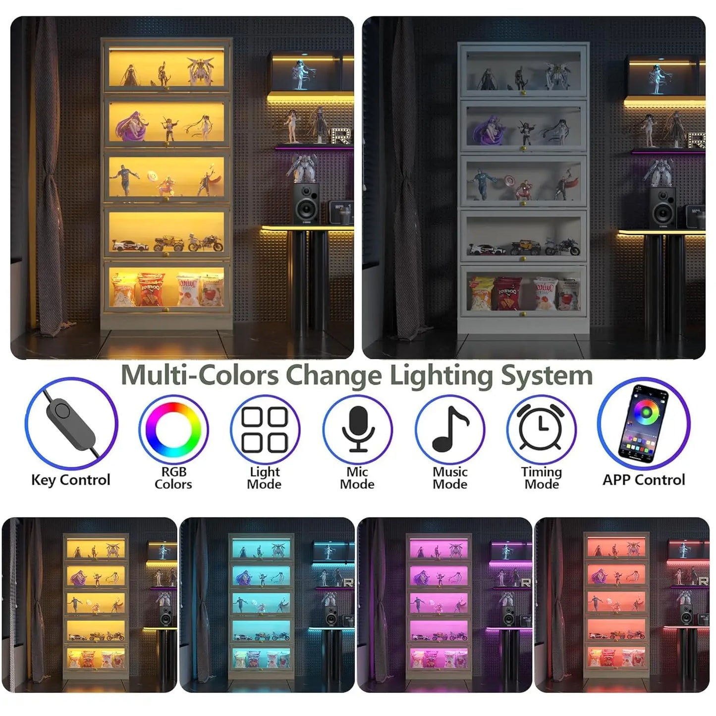 Display Cabinet with Acrylic Glass Doors,5-Tiers Curio Cabinet with LED Lighting for Collectibles, Collectibles Toy, Customized