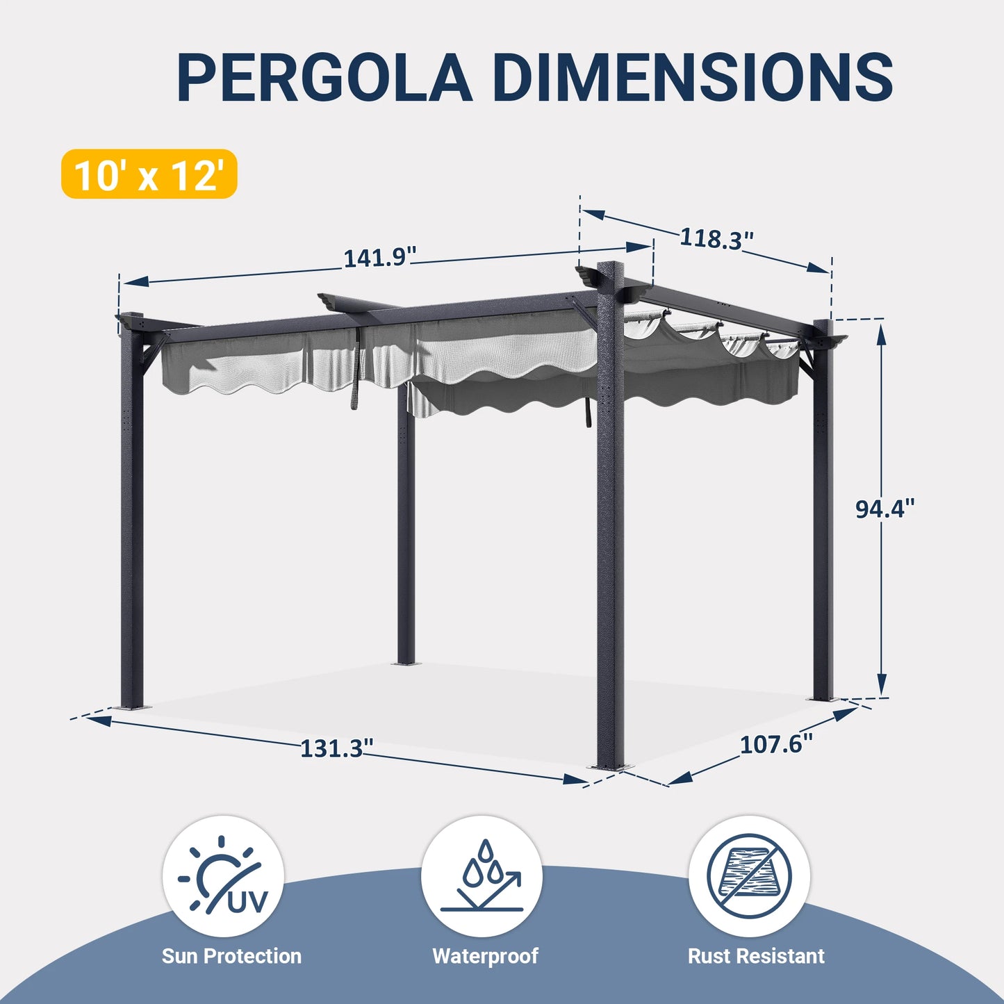 10x12FT Outdoor Aluminum Pergola, with Retractable Canopy and Anchoring Stand, Backyard