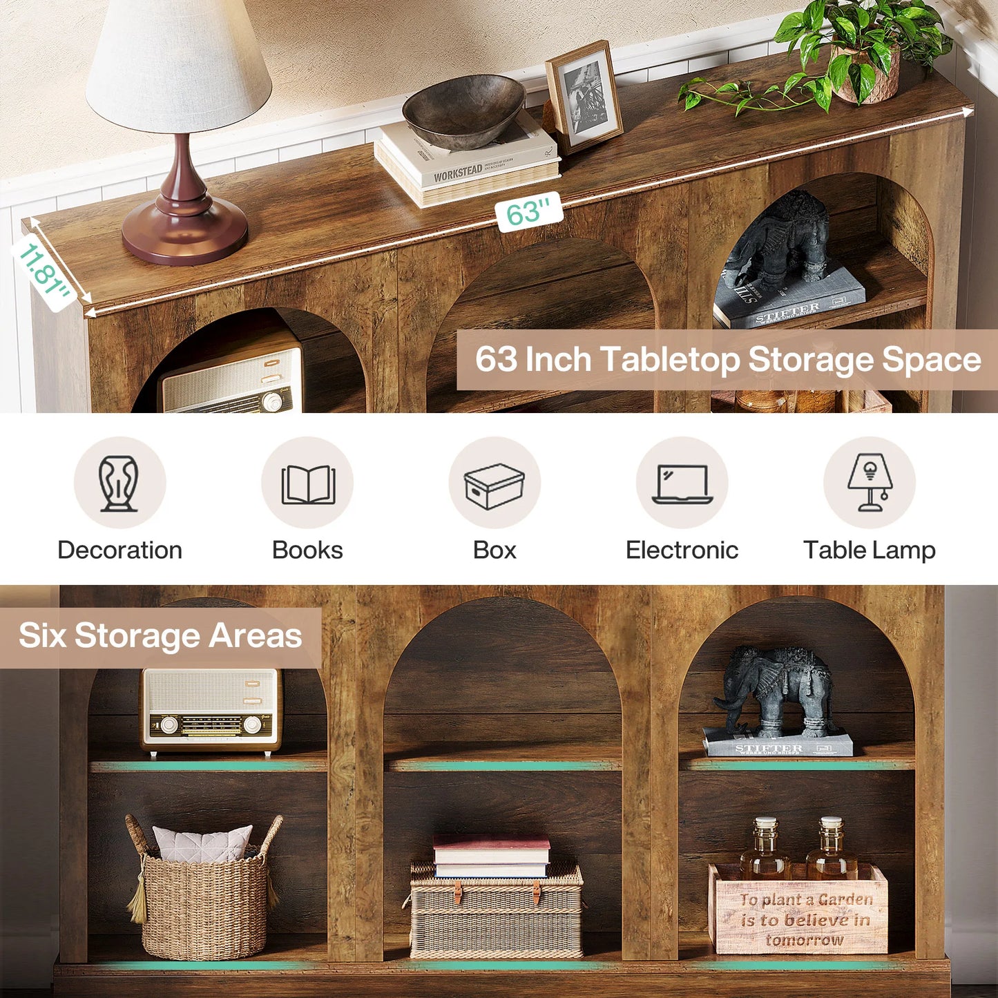 Farmhouse Console Table 63-Inch With Three-Tier Storage