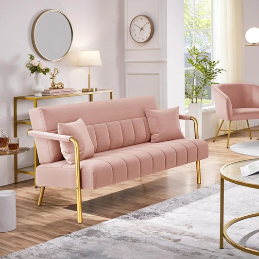 Luxurious Velvet Sofa with Gold-Tone Metal Arms and Legs