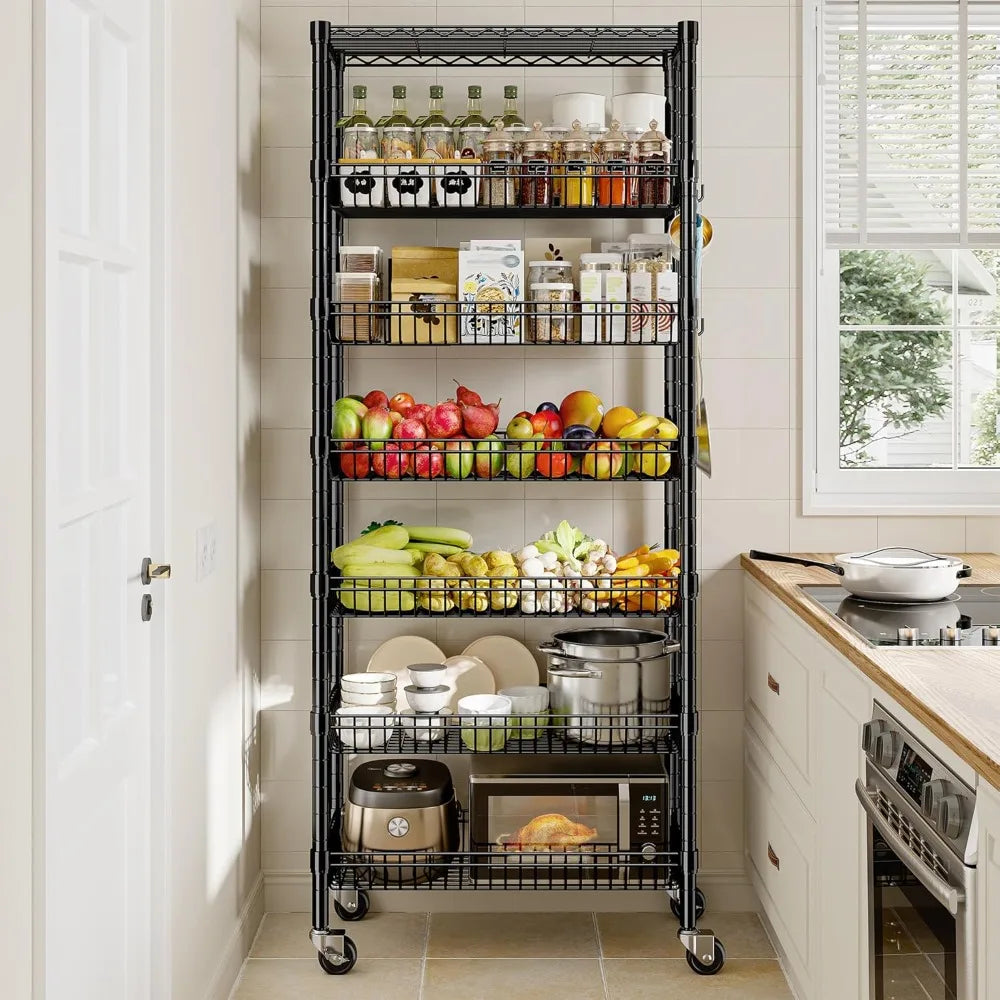 7 Tier Wire Shelving with Wheels 72" H Adjustable Basket Shelf Storage Shelves with Hooks for Kitchen Bathroom Pantry Shelves Cl