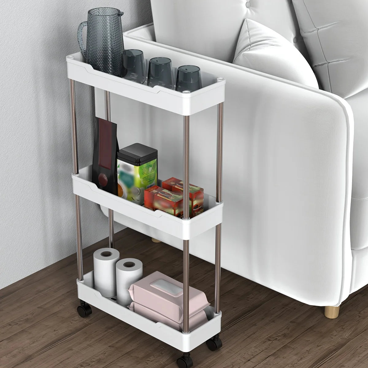 Slim Rolling Storage Rack 3 Tier Compact Organizer for Narrow Spaces
