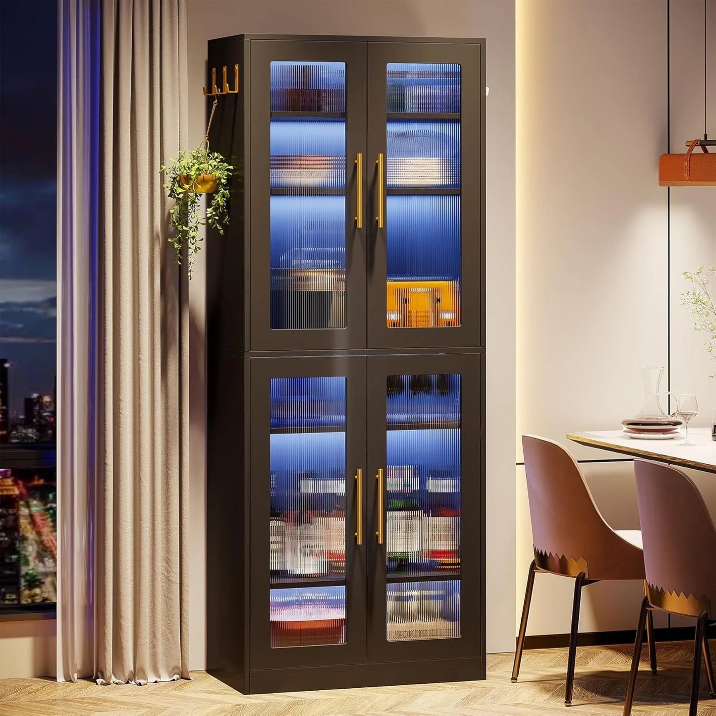 Bookcase with Doors and LED Light, 67-inch Tall Bookshelf with 8-Tier Shelves for Living Room, Bathroom, Office, Kitchen