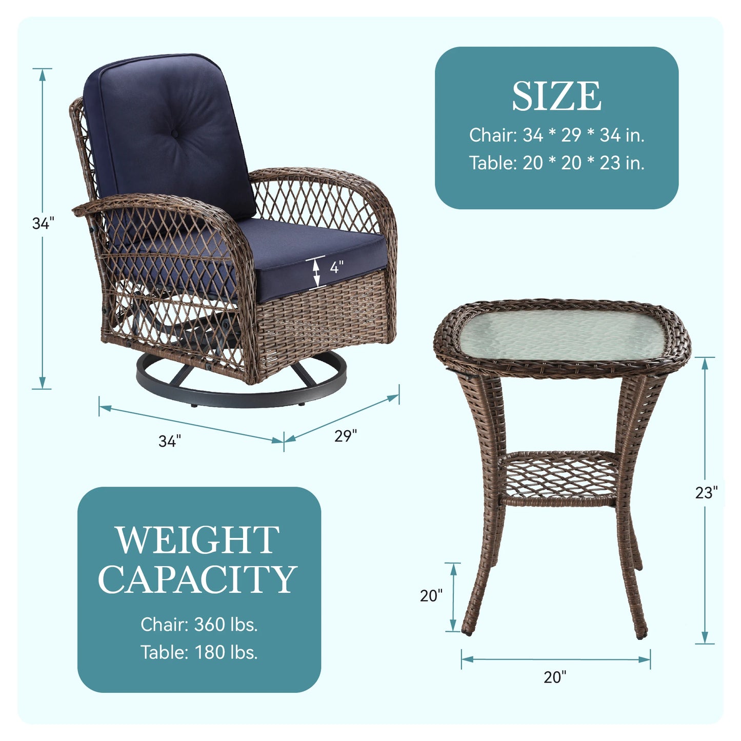 Hoomic 3 Piece Patio Furniture Set with Padded Cushions