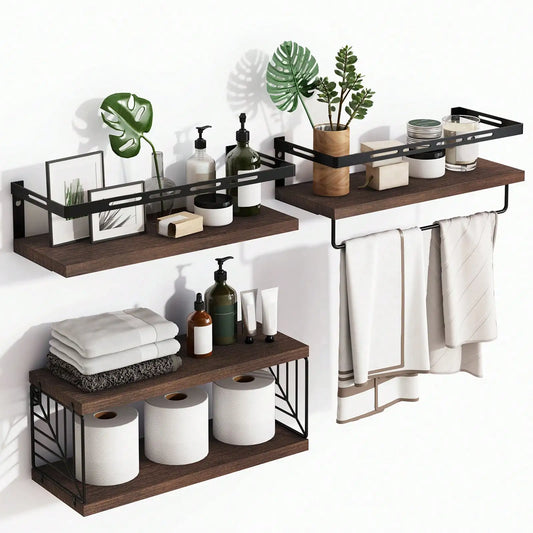 Tomnk 3+1 Tier Rustic Wood Bathroom Shelves Over Toilet With Metal Frame Towel Bar
