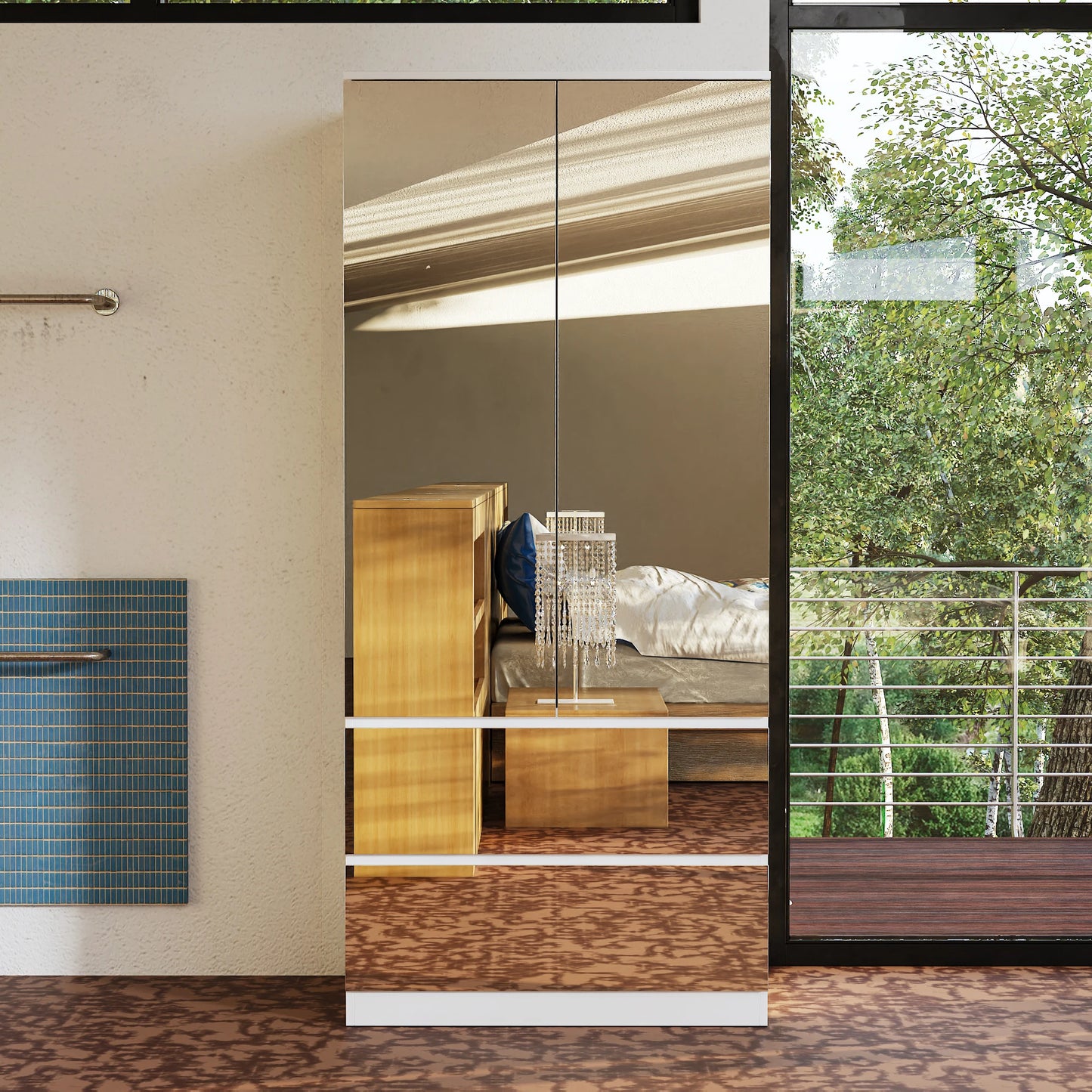 Modern Mirror Wardrobe Closet With Drawers And Hanging Rod