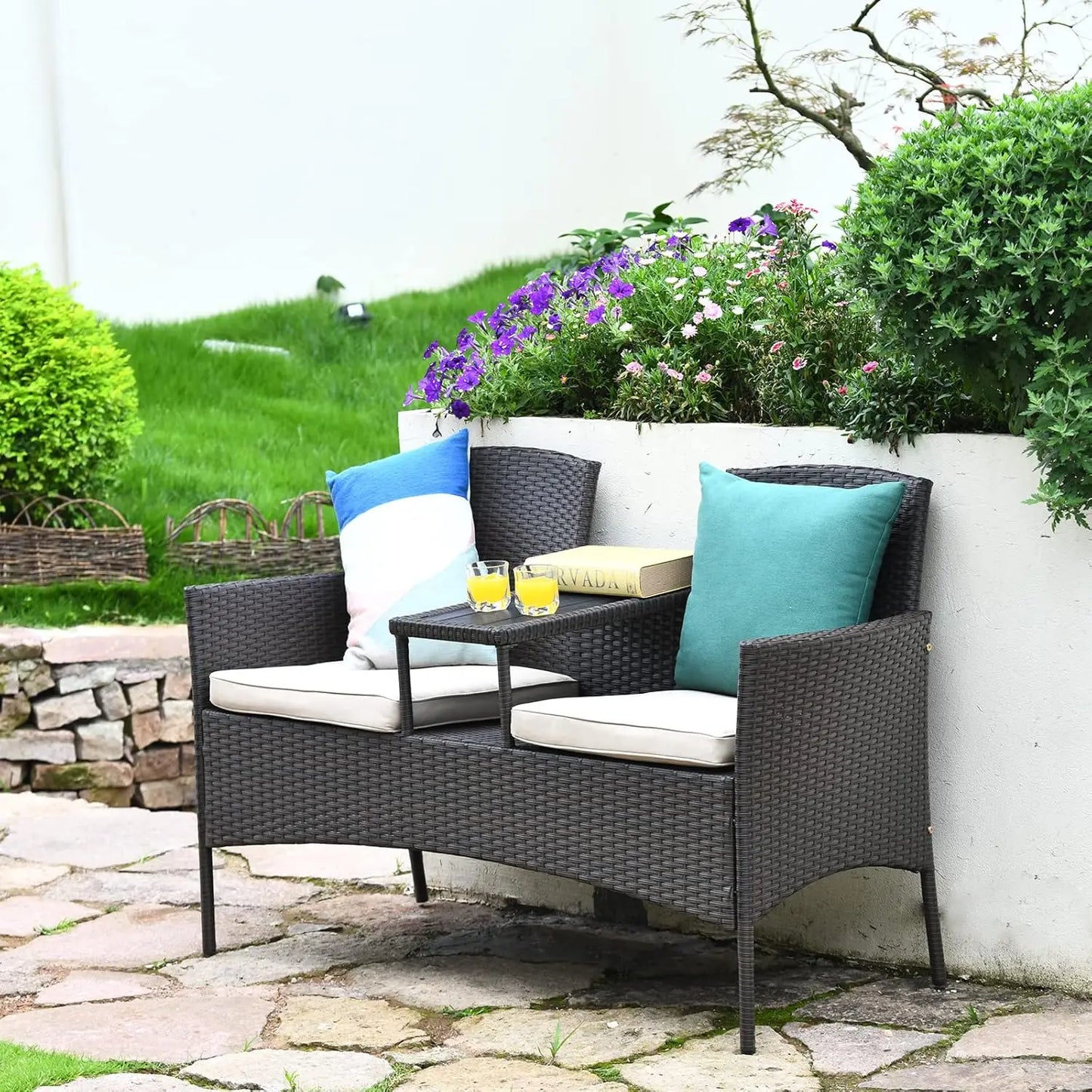 Outdoor Rattan Loveseat Patio Set With Cushions And Table Weatherproof