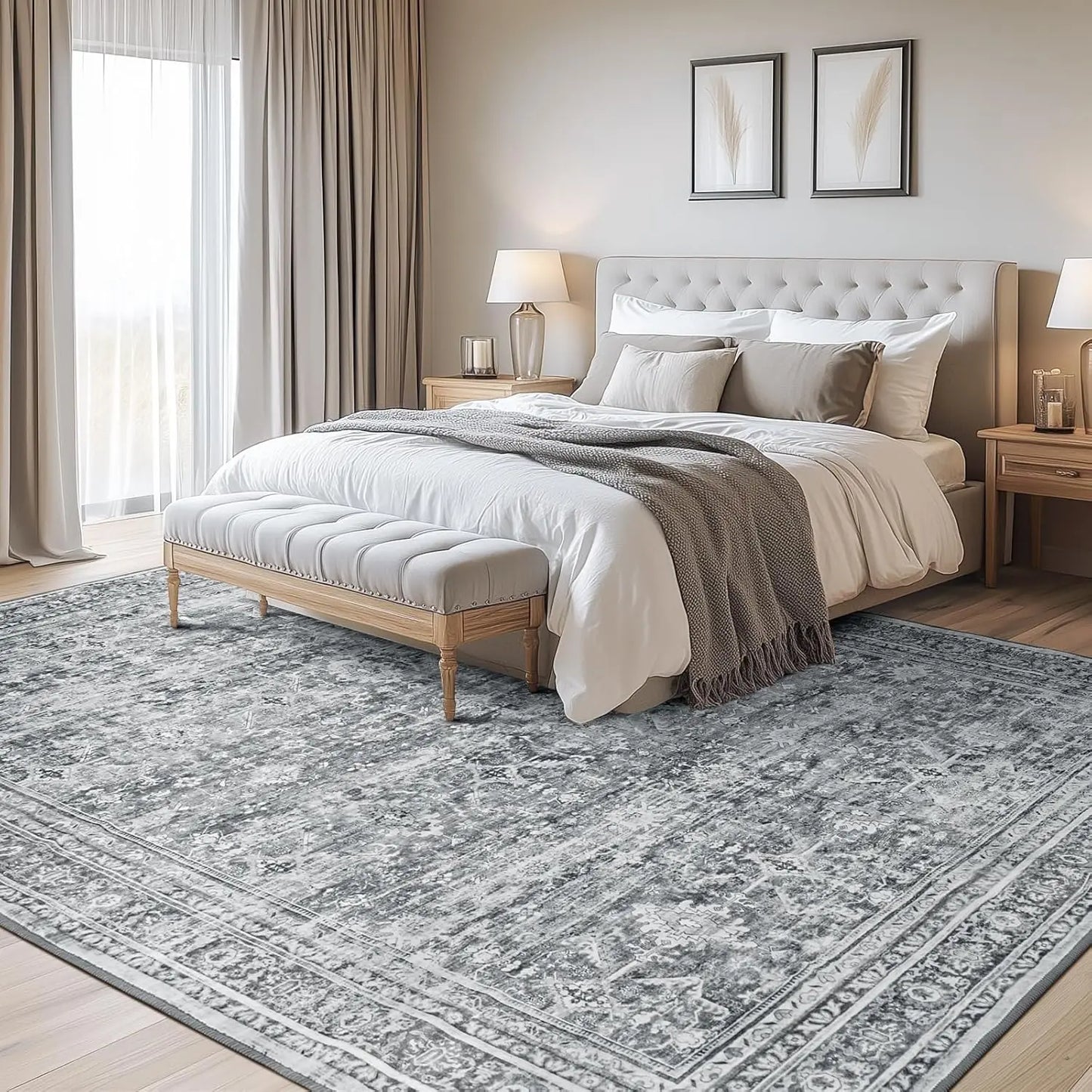 8x10 Washable Area Rug with Non-Slip Backing, Soft Grey Floral Carpet for Living Room Bedroom Dining Office Nursery