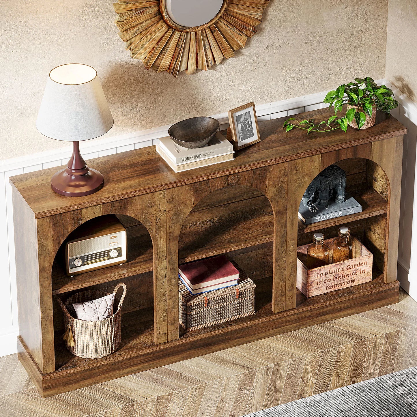 Farmhouse Console Table 63-Inch With Three-Tier Storage
