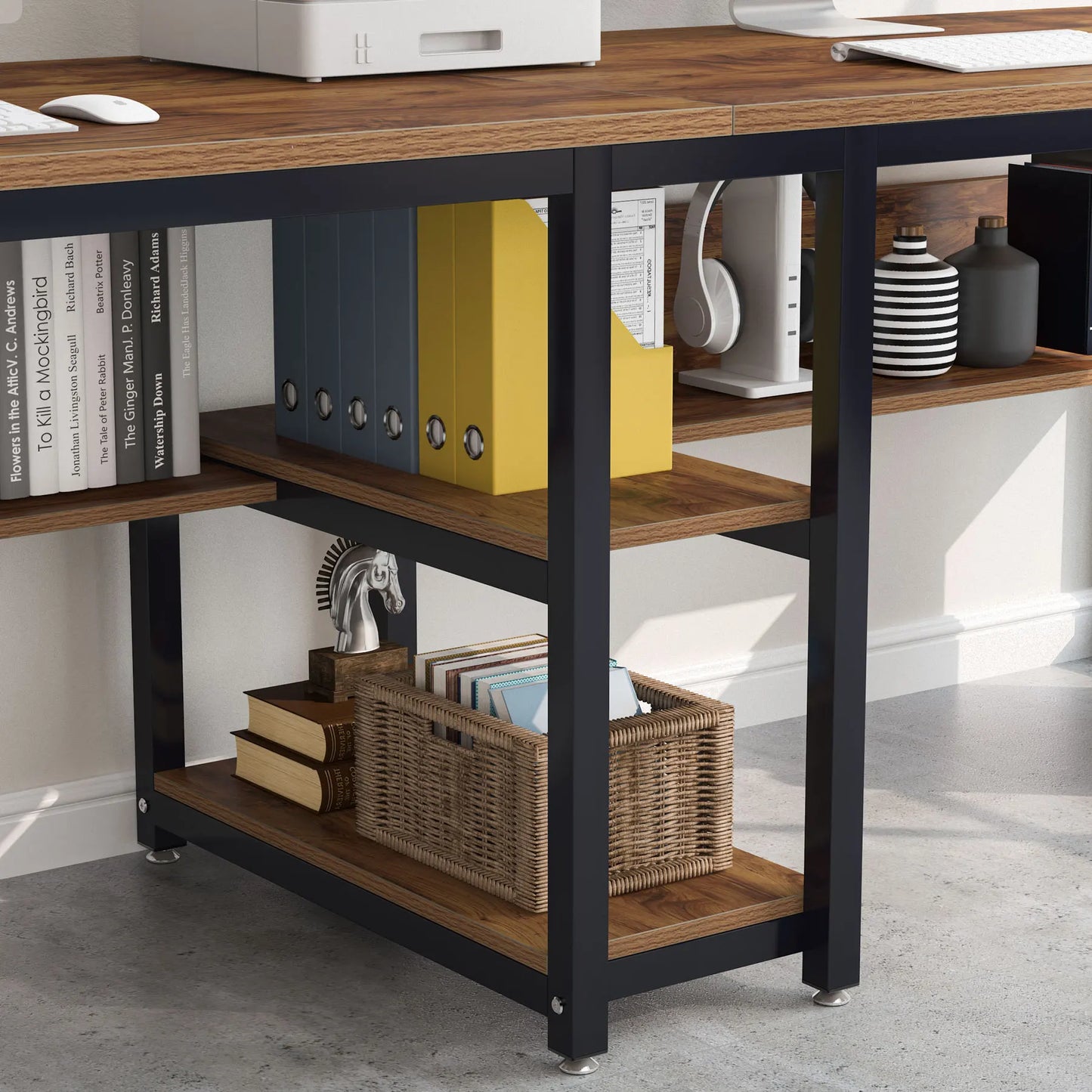 Two Person Desk With Bookshelf For Shared Computer Workspace