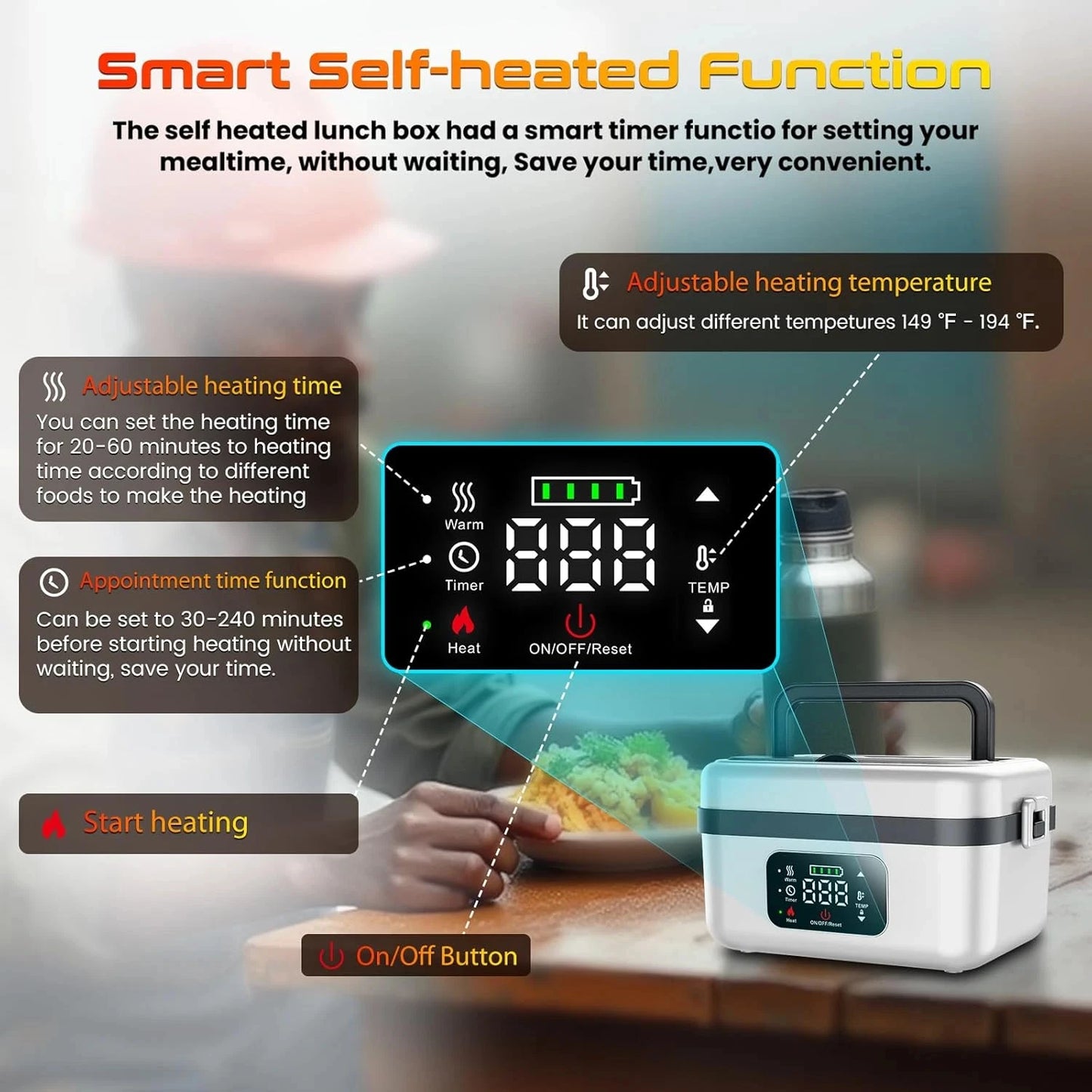 Wireless Electric Insulated Lunch Box - Built-in 8000mAh Battery, 60W Heating Lunch Box 1L Stainless Steel Lunch Box Food Warmer